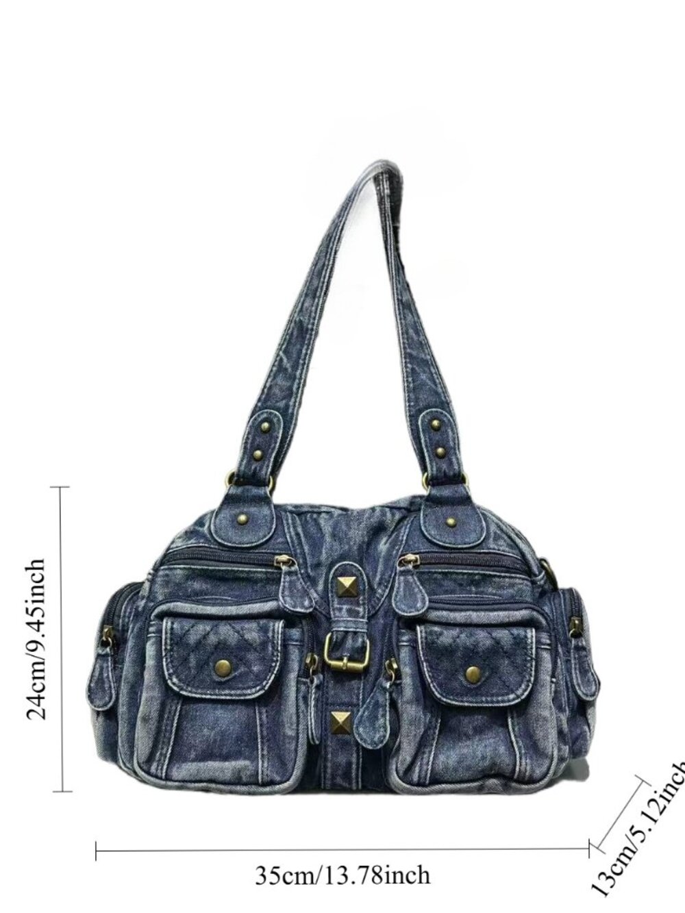 Y2K Acid Wash Denim Studded Multi Pocket Shoulder Bag - Picture 5 of 6